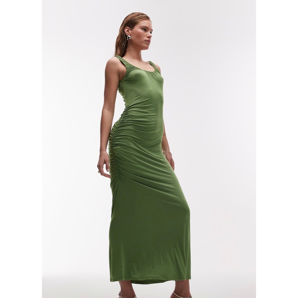 Topshop Womens Ruched Side Scoop Neck Maxi Dress Olive Green US 4-6 Small NWT